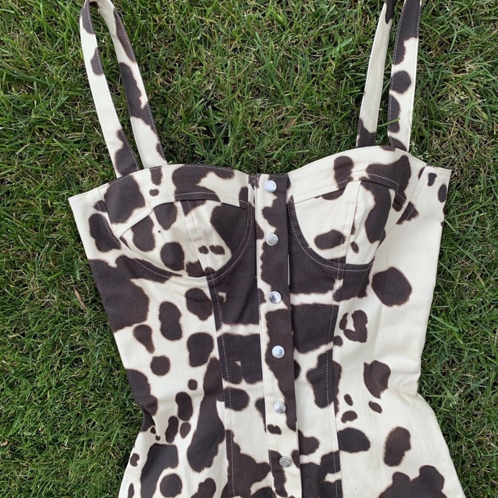 Capulet Brown and Cream bodycon denim button front cow print Midi Dress - Picture 2 of 4